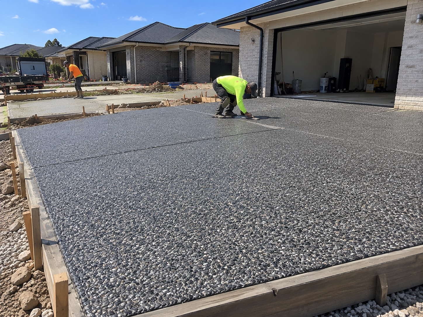 Concrete crew working the surface of a fresh exposed aggregate drive, Cairns
