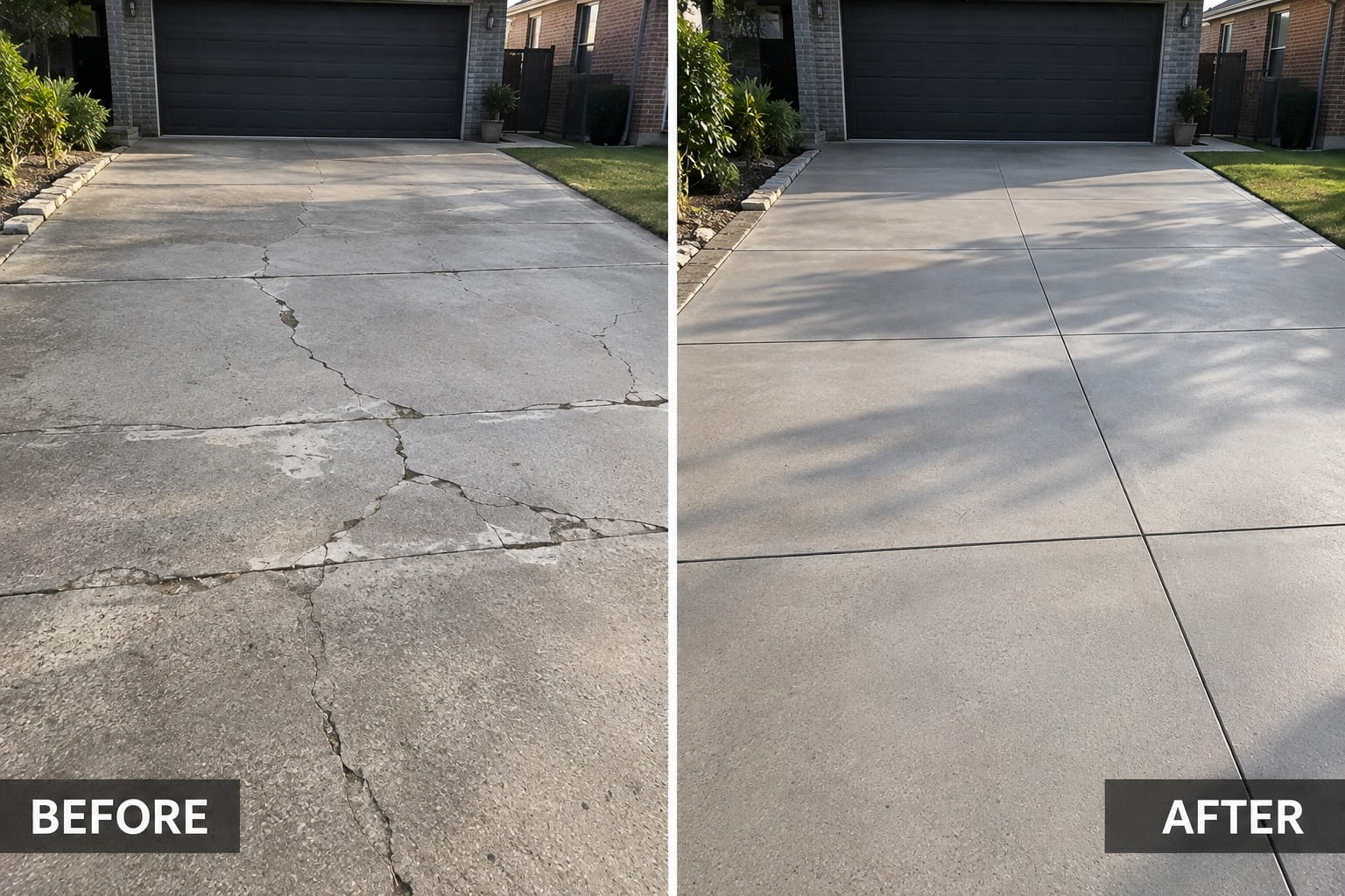 Cairns driveway transformation: a heavily cracked slab swapped for new concrete with neat saw-cut joints