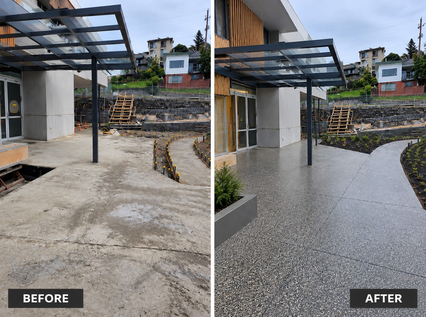 Cairns commercial entrance transformation: entry and walkway rebuilt in exposed aggregate