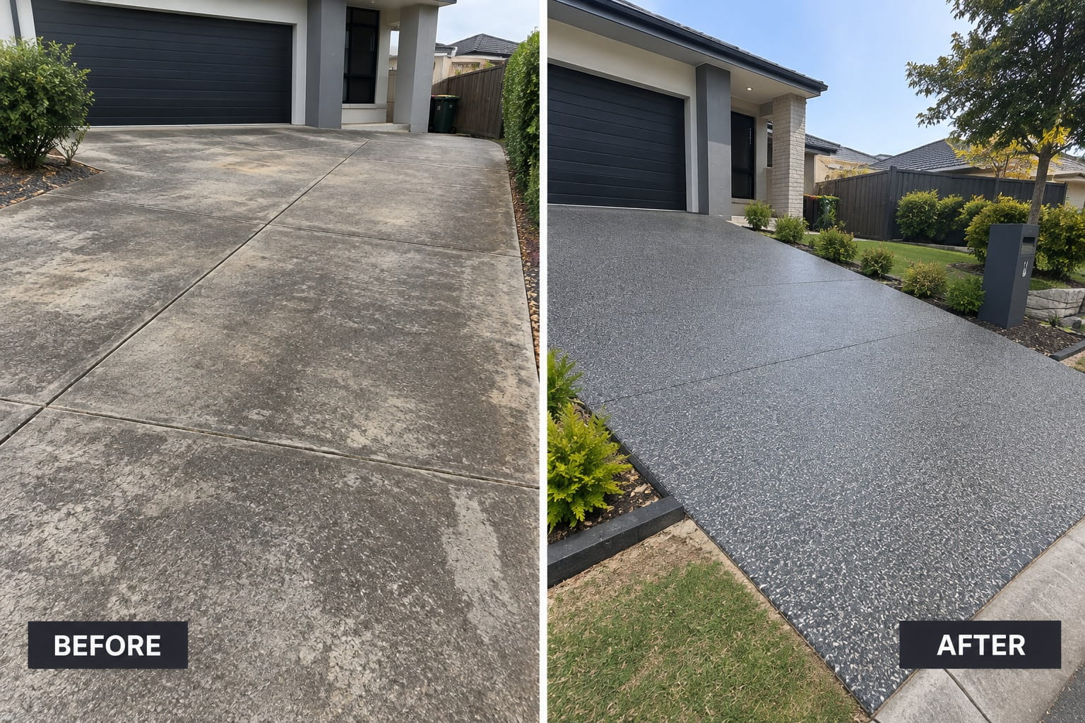 Cairns driveway transformation: a weathered, stained slab renewed with exposed aggregate