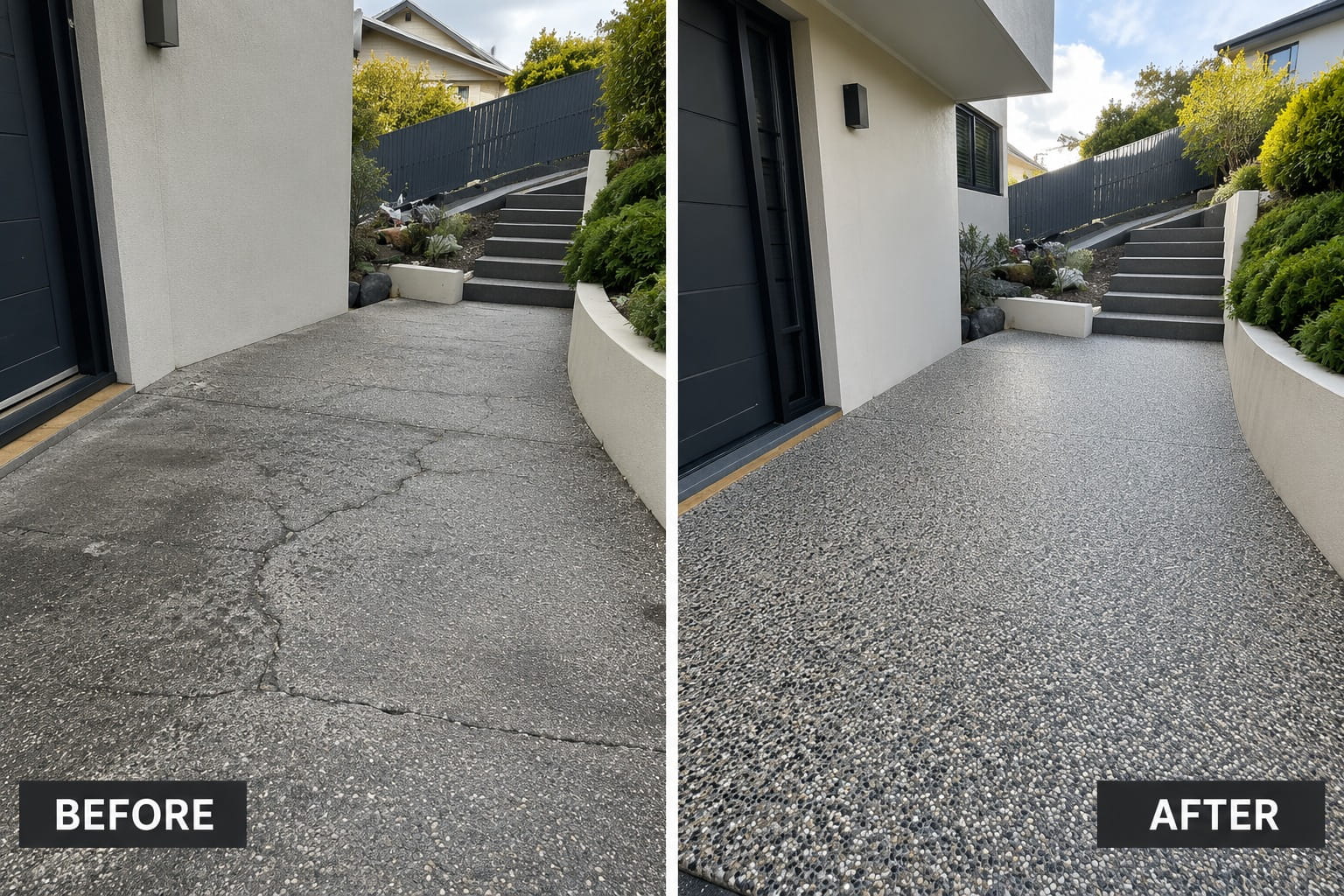 Cairns garage entry transformation: broken concrete renewed with an exposed aggregate surface