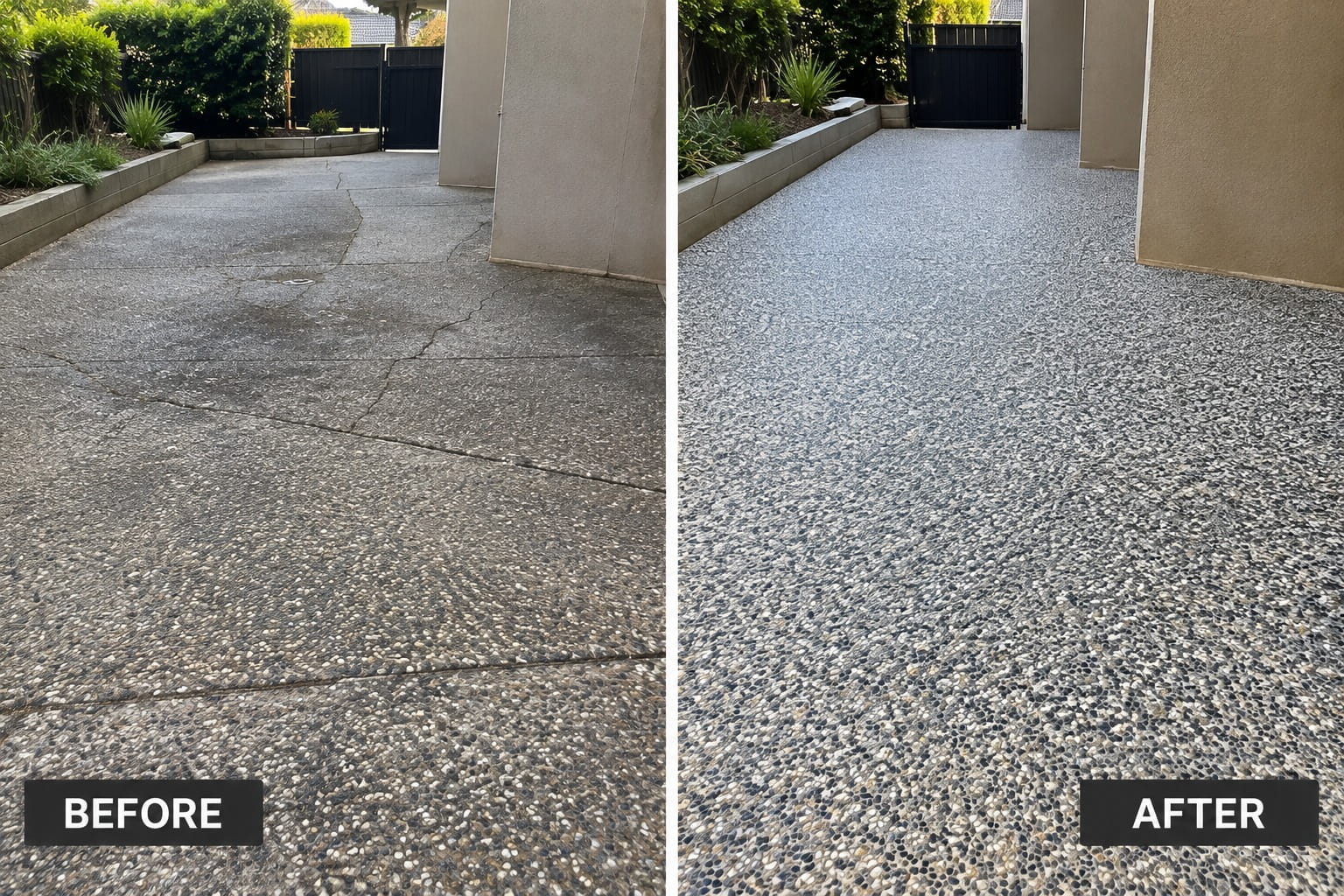 Cairns side path transformation: stained, broken concrete replaced with a fresh pebble aggregate finish