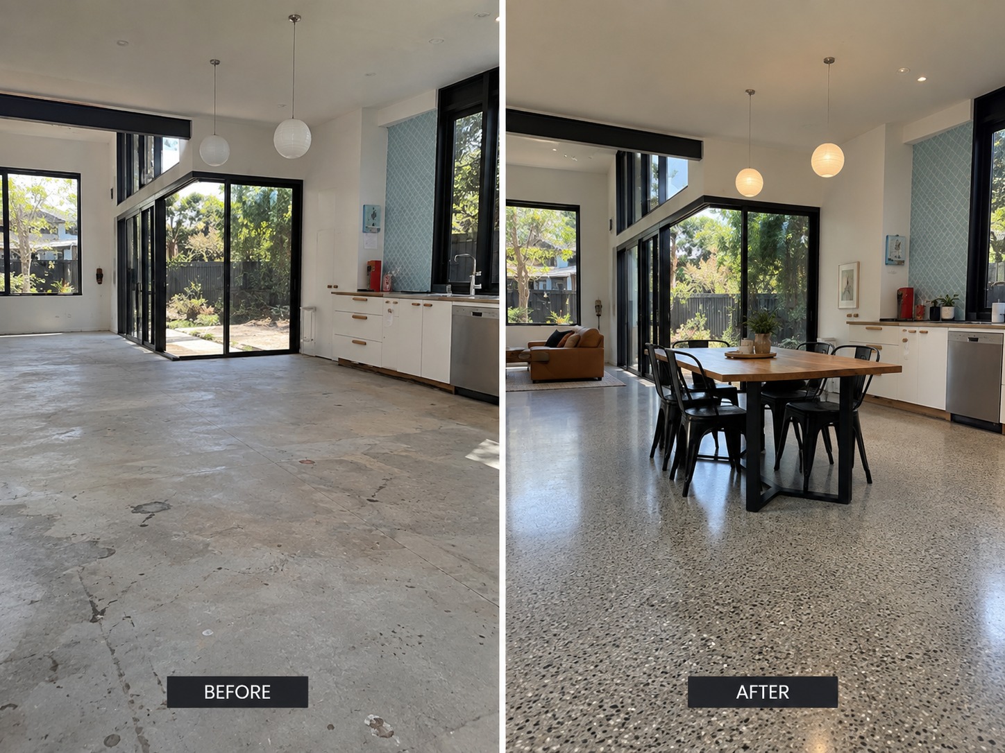 Cairns kitchen and dining transformation: an open-plan floor ground and sealed as a concrete finish