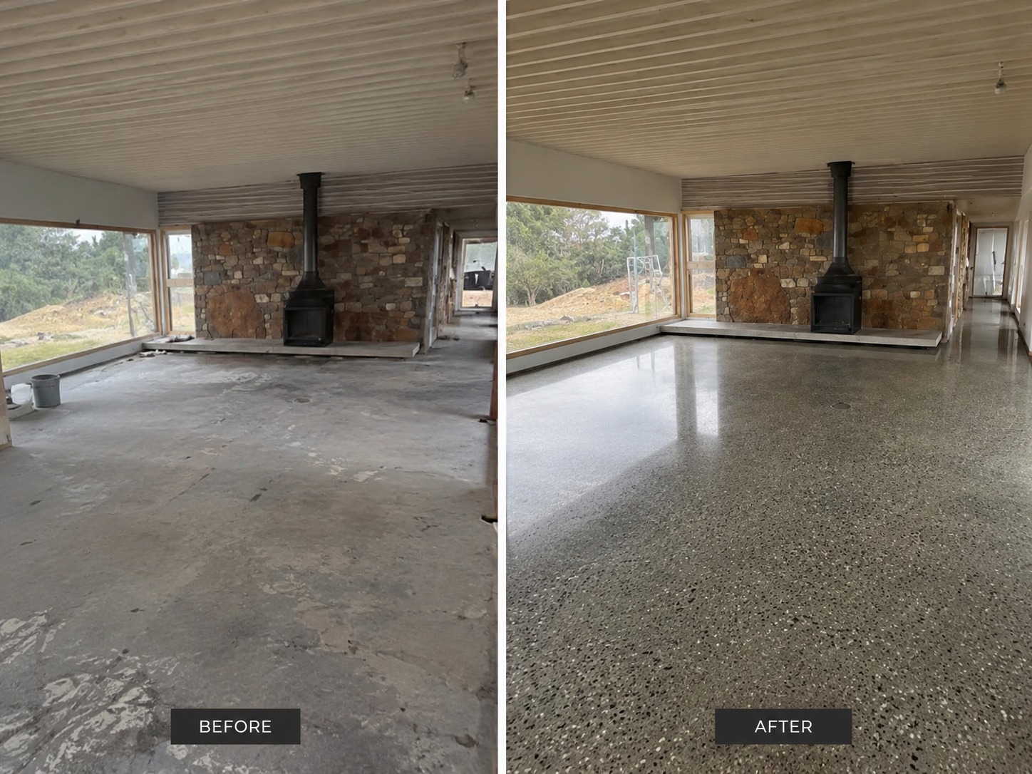 Cairns living room transformation: a marked slab beside the fireplace ground back to show the stone