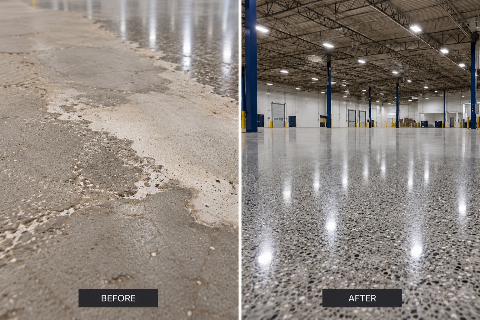 Cairns warehouse floor transformation: a worn, uneven slab ground and polished to a bright sheen
